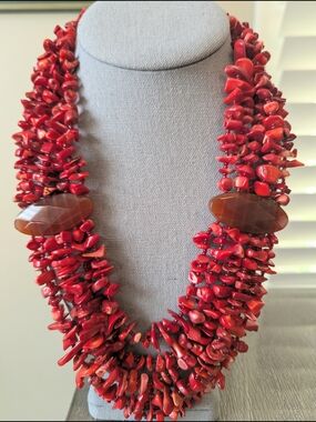 Vintage Red Coral Multi-Strand Chip Necklace with Faceted Carnelian
